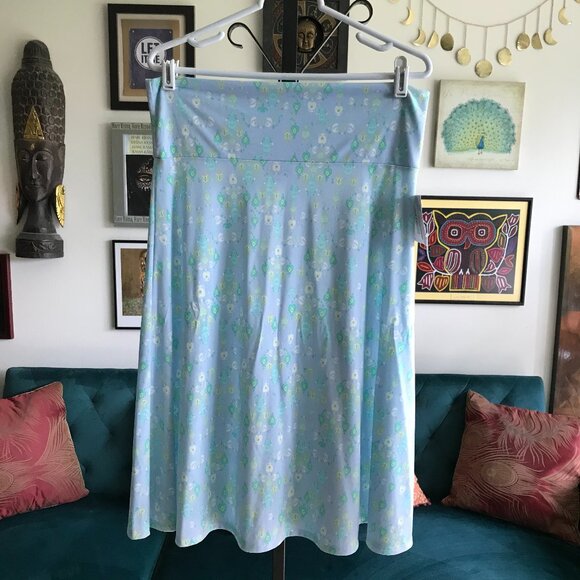 LULAROE size XL Pale Blue Green & Yellow Print Azure A-Line Skirt NWT - Picture 1 of 6